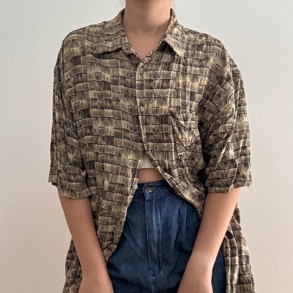 VINTAGE CAMPIA SQUARE PLAID TAN AND BLACK BUTTON DOWN SHIRT - XL - Picture 4 of 10